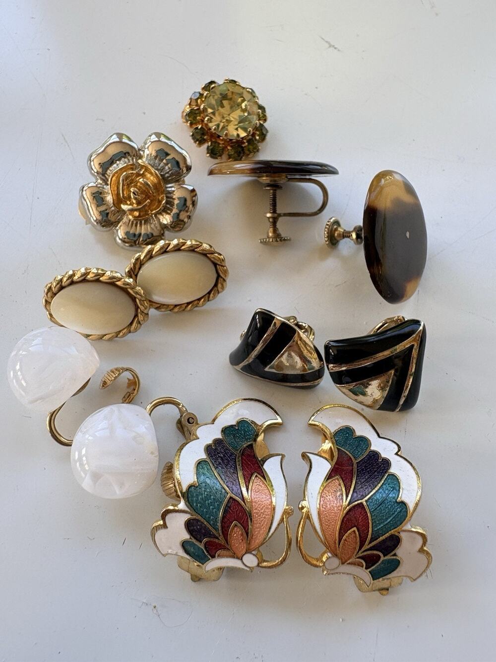 Vintage Earring Lot Clip Screw Back Cloisonne Tortoise Gold Tone Costume 70s 80s